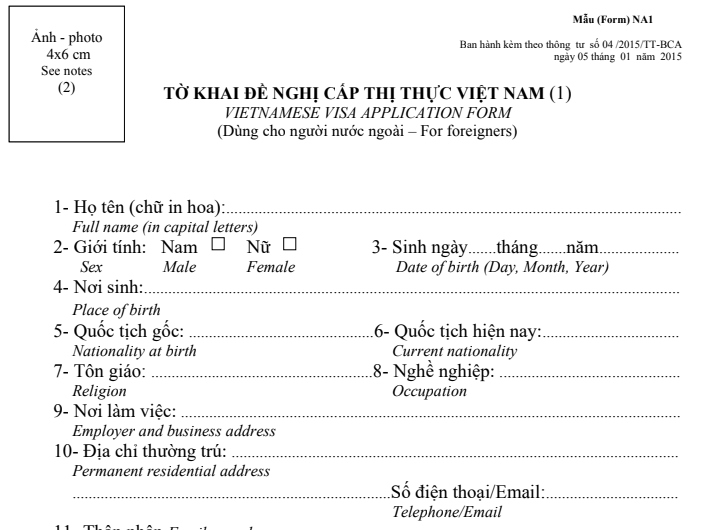 HƯỚNG DẪN KHAI FORM (NA1) CHO KHÁCH DU LỊCH NHẬP CẢNH VIỆT NAM 